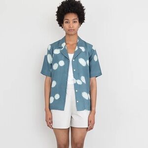 Folk Indigo Dot Soft Collar Linen Short Sleeve Button Up 3 Medium